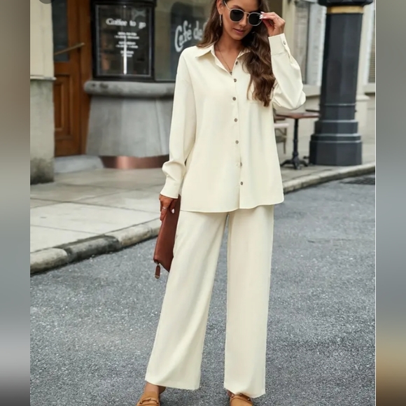 Trends Pants - Solid Two-piece Set Elegant Button Front Shirt & Wide Leg Pant Sz L Beige White
